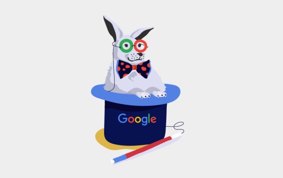 Illustration of a white rabbit coming out of a Google hat.