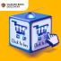 Illustration of a clickable TV-shaped cube with shopping cart icons and “Click to buy” text, representing shoppable ads on connected TV.