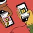 Graphic on a red background showing two hands holding smartphones with shopping cart icons, symbolizing retail media networks harnessing B2B and B2C data to drive consumer shopping.