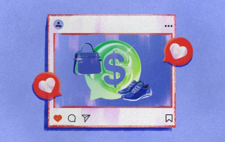 Illustration of a social media post with hearts, showing a chat bubble with a dollar sign, purse, and shoe, representing how creators use automated marketing tools to monetize content.