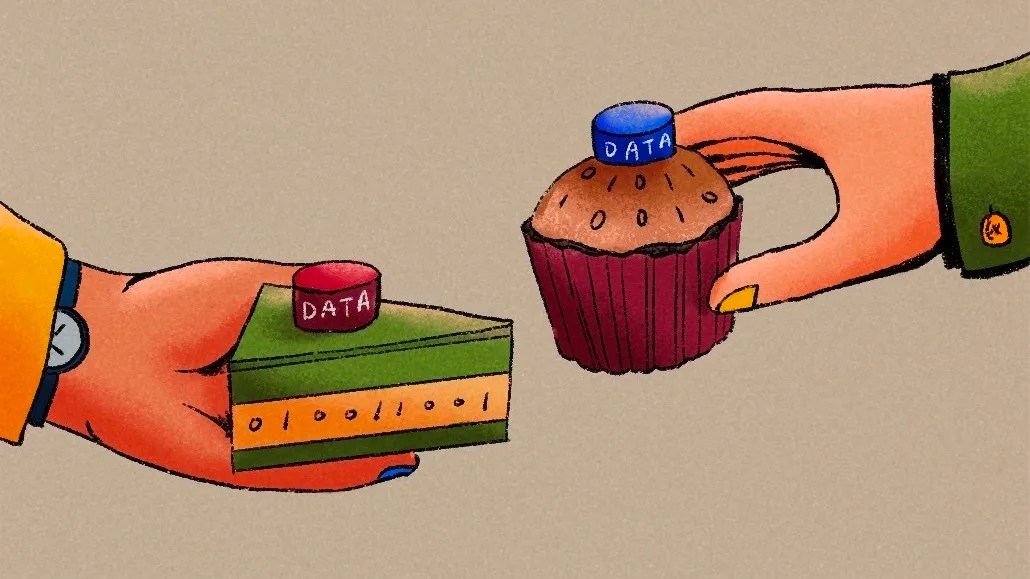 Illustration of two hands exchanging desserts labeled “data” — one holds a layered cake with binary code, the other a chocolate cupcake — symbolizing data sharing or collaboration.