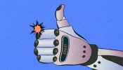 Illustration of a robotic hand giving a thumbs up with the word “GOOD!” on its display, symbolizing the positive impact of AI integration in ad tech.
