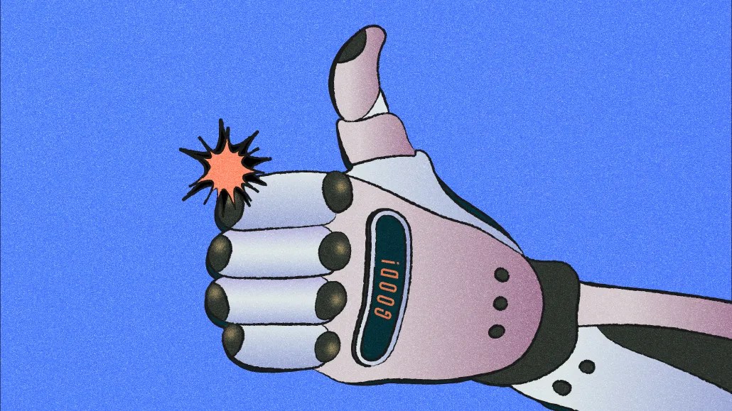 Illustration of a robotic hand giving a thumbs up with the word “GOOD!” on its display, symbolizing the positive impact of AI integration in ad tech.